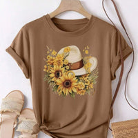 Womens Loose-Fit Crew-Neck T-Shirt With A Pure Cotton Sunflower Straw Hat Design