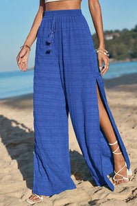 Dark Blue Textured Wide-leg Pants With Slits