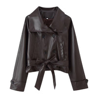 Trendy Wild Two-color Double Breasted Short Lace Up Leather Coat