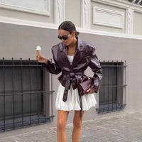 Lychee Pattern Leather Coat Slim Fit Fitted Waist Turn-down Collar Tie-front Top