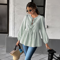 Elegant Striped Long Sleeve Tied T-shirt Shirt Women's Clothing