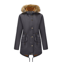 Hooded Women's Mid-length Padded Coat With Fur Collar And Defined Waist