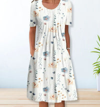 Spring And Summer Women's Elegant Large Swing Round Neck Printed Short Sleeve Dress