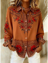 Womens Loose-Fitting Long-Sleeve Lapel-Neck Printed Shirt