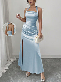 Neck-hanging Backless High-waisted Silk Slip Dress With A Slit And No Sleeves