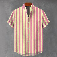 Men's Stand Collar Contrast Color Striped Casual Cool Versatile Short Sleeve