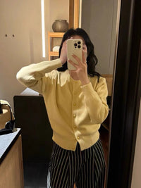 Versatile Solid-Colored Cardigan Sweater Coat With Small Gold Buttons