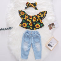 Girls' Sleeveless Short Top Denim Brushed Ripped Cropped Pants Three-piece Suit