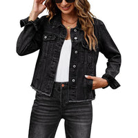 Female Solid Color Casual Embossed Denim Jacket Button Top