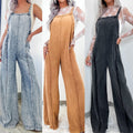 Retro Washed Raw Edge Denim Wide-leg Suspender Jumpsuit