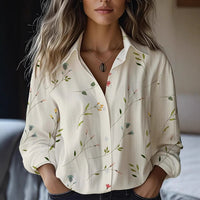 Floral-print Long-sleeve Shirt Delicate Linen Casual Blouse