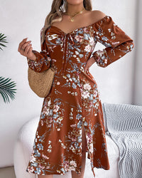 Women's Sexy Tie Knot Floral Print Long Sleeve Split Dress