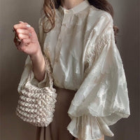 Summer Flower Jacquard Lantern Sleeve Transparent Blouse