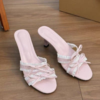 Women's Bowknot High Heel Slide Sandals, Slim Heel Slip On Mules, Elegant Luxury Style For Dresses, Comfort All Day Long