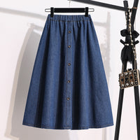 Plus Size Breasted Elastic Waist Blue Denim Skirt