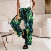 Elastic-waist Casual Wide-leg Pants With A Leaf Print Green