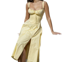 European And American Womens New Arrival Floral Print Square-Neck Sexy Slit Maxi Spring Dress