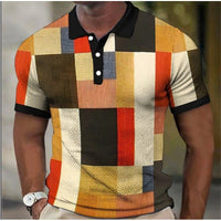 Men's Button Polo Shirt Plaid Lapel Printed Short Sleeve