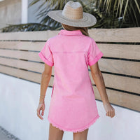 Womens Short-Sleeve Denim Shirt Dress Denim Button-Up Casual Style
