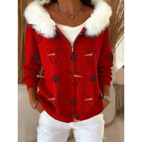 Stylish 3D Digital-Print Womens Cardigan With Faux Fur Hoodie