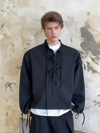 Ribbon Design Lapel Half Cardigan Drawstring Pullover Sweater