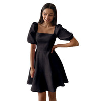 Womens New Elegant Square-Neck Short-Sleeve High-Waist Dress