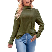 European And American Brushed Sunken Stripe Knitted Turtleneck Side Button Women's Top