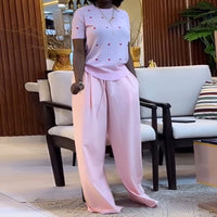 Crew-neck Heart-print Short-sleeve Top And Wide-leg Trousers Set