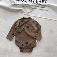 Printed Apple Leaf Placket Long-sleeve Jumpsuit Male And Female Baby Adjustable Buckle Romper