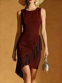 Western Wind Womens Summer Elegant Silk-Satin Texture Tasseled Hem Sleeveless Tank Dress