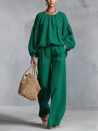 Women's Cotton-Linen Lantern-Sleeve Wide-Leg Pants Set