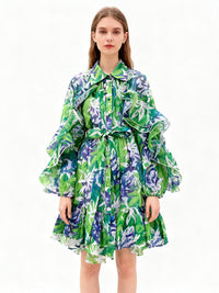 Single-breasted Stylish Tie-waist Collar Long-sleeved Dress
