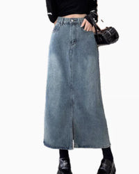 Hong Kong Style Retro Thin Denim Skirt, Mid Length For Women