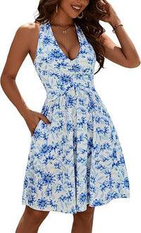 V-Neck Lace-Up Printed Pleated Pocket Dress For Women
