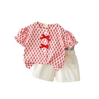 Girls' Short-sleeved Printed Top And Shorts Two-piece Set