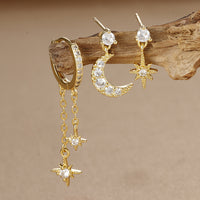 18K Real Gold Electroplated Zircon Moon Studs Three-piece Set