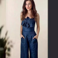 Slim-fit Women's Off-shoulder Blue Denim Flower Jumpsuit