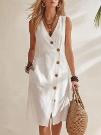 Resort-style V-neck Sleeveless Asymmetrical-button Midi Dress