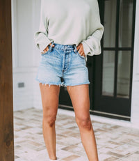 High-waisted Fringed Distressed Denim Shorts