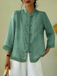 Chinese-style Patchwork Button-Placket Cropped-Sleeve Loose-fit Retro Chinese-style Shirt