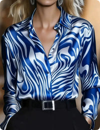Fashionable Abstract Animal Print Satin Commuter Slim-fit Long-sleeve Shirt