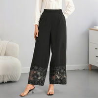 Solid-color Sheer Lace-panel Straight-leg Pants For Women
