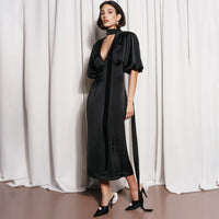 Summer Short Sleeve Puff Sleeve Deep V Neck A Line Maxi Dress