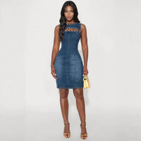 Fashionable Round-Neck Studded Denim Sleeveless Dress