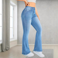 Pocket Design Loose Flared Pants Slim Fit Light Blue Trousers
