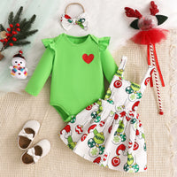 Baby Girl's New Green Fur Strange Printed Skirt Suit