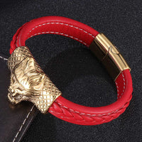 European And American-style Stainless Steel Braided Retro Animal Wolf Head Leather Bracelet