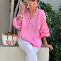 Womens Casual V-Neck Solid Color Cotton-Linen Long-Sleeve Top
