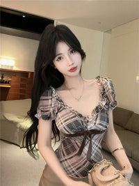 Plaid Puff Short Sleeve Blouse With Lace Trim For Women