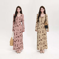 Retro Floral Long Sleeve Waist Cinching Dress